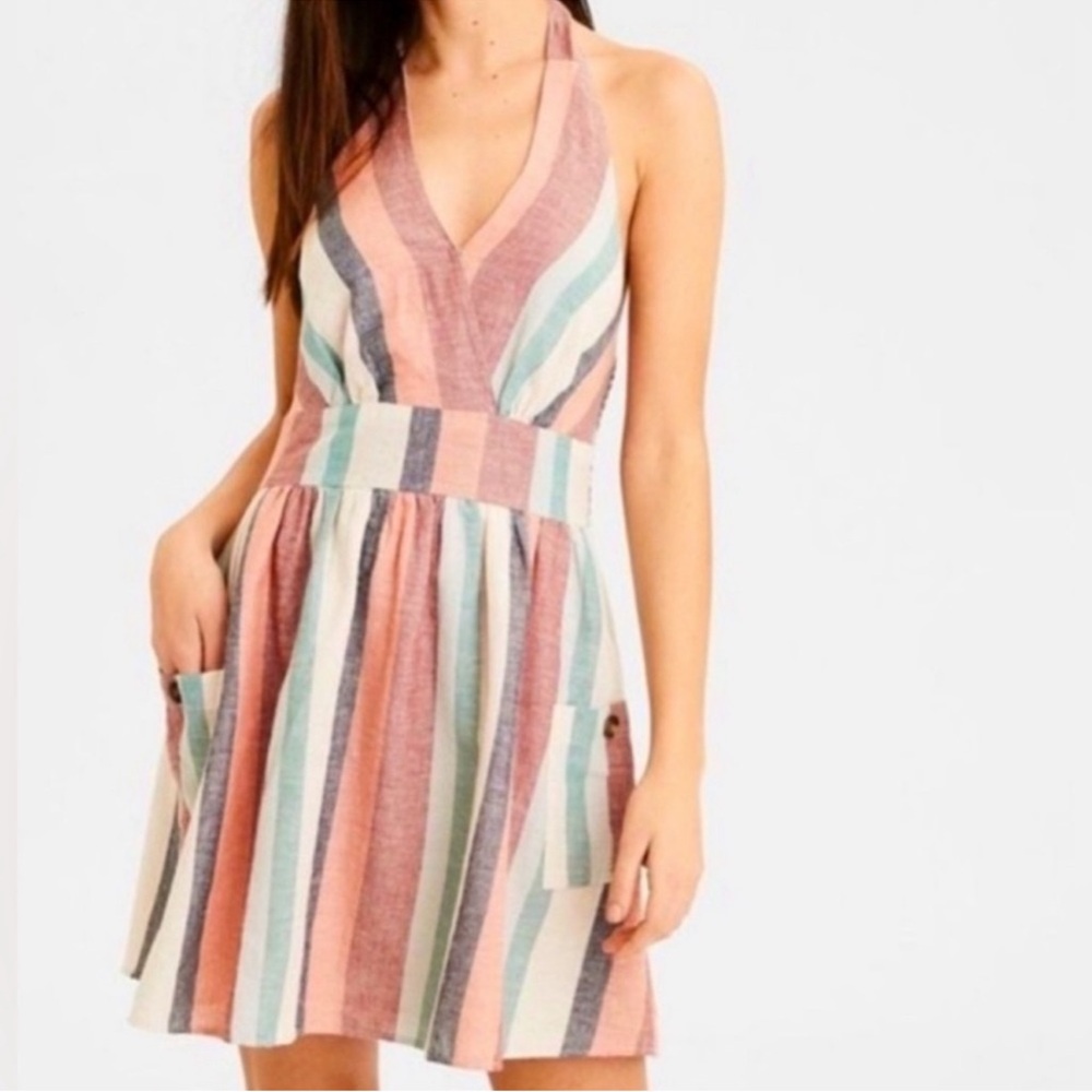 American Eagle MultiColored Stripe
Serape Halter Mini Dress Sundress Linen XS